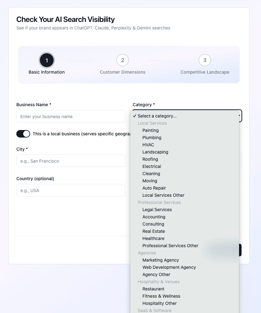 Step 1: Enter your business category and basic information