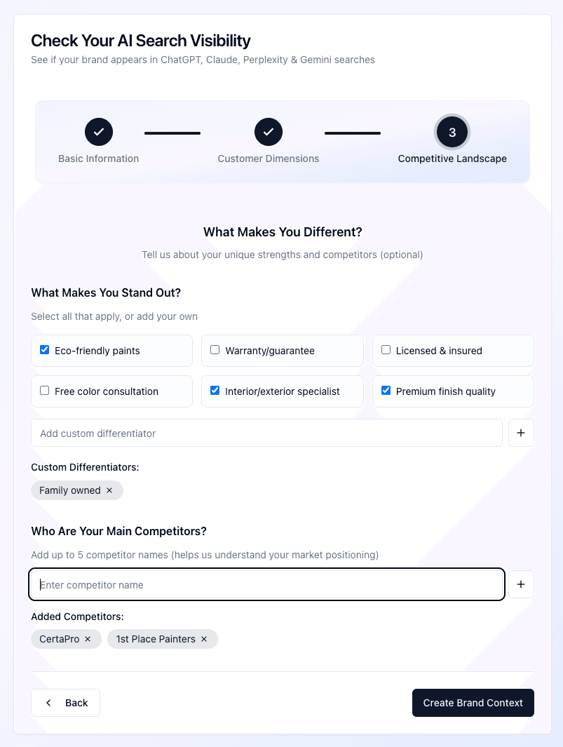 Step 3: Enter differentiators and competitors